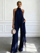 Elegant Halter Neck Asymmetric Chiffon Top & Wide-Leg Pants Set