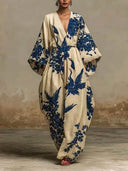 Casual Animal Print Vacation V-Neck Linen Loose Jumpsuit