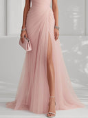 Elegant Pink Strapless Pleated Tulle Maxi Dress