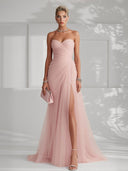 Elegant Pink Strapless Pleated Tulle Maxi Dress