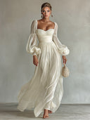 Bohemian Pleated Waist Puff Sleeve Chiffon Maxi Dress