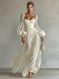 Bohemian Pleated Waist Puff Sleeve Chiffon Maxi Dress