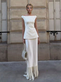 Elegant Satin Fringe Hem Skirt Two-Piece Set