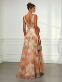 Elegant Abstract Print V-Neck Tie-Waist Maxi Dress