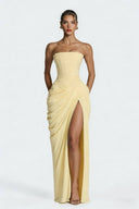 Strapless Pleated Slit Maxi Dress
