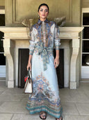 Retro Paisley Pattern Self-Tie Belt Long Skirt