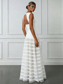 Elegant Boat Neck Striped Tulle Maxi Dress