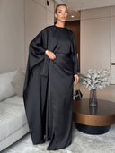 Elegant Black Satin Pleated Batwing Sleeve Maxi Dress