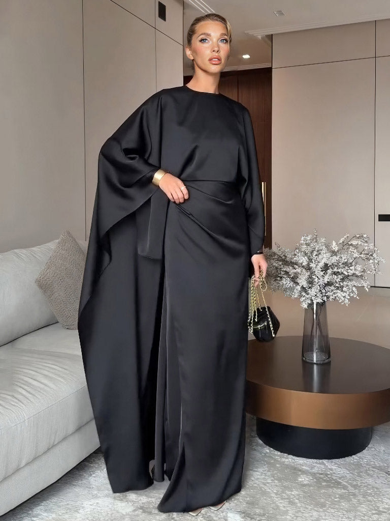 Elegant Black Satin Pleated Batwing Sleeve Maxi Dress