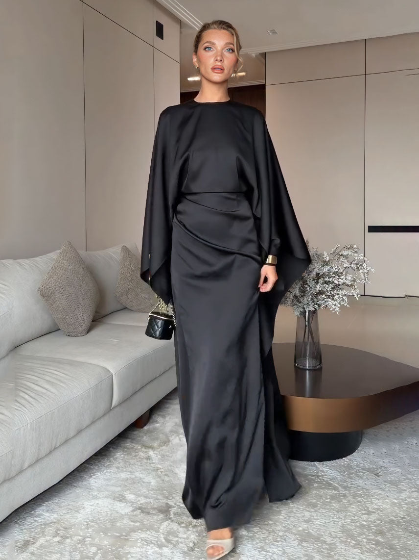 Elegant Black Satin Pleated Batwing Sleeve Maxi Dress