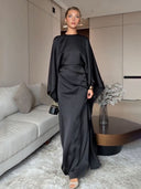 Elegant Black Satin Pleated Batwing Sleeve Maxi Dress