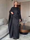 Elegant Black Satin Pleated Batwing Sleeve Maxi Dress
