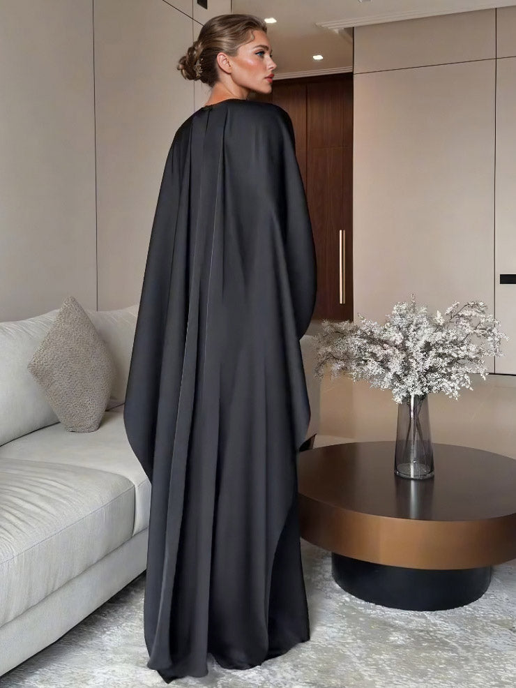 Elegant Black Satin Pleated Batwing Sleeve Maxi Dress