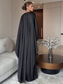 Elegant Black Satin Pleated Batwing Sleeve Maxi Dress