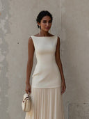 Elegant Pleated Classic Boat Neck Pleated Maxi Dress