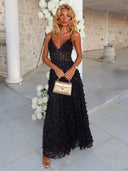 Elegant Lace Floral Applique A-Line Maxi Dress