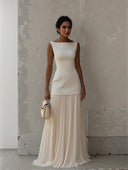 Elegant Pleated Classic Boat Neck Pleated Maxi Dress