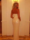 Elegant Strapless Corset Ruched Sequin Maxi Dress
