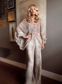 Exquisite Animal Print Batwing Sleeve Shirt And Wide-Leg Pants Set