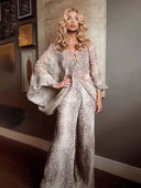Exquisite Animal Print Batwing Sleeve Shirt And Wide-Leg Pants Set