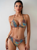 Retro Print Backless Tie Bikini Swimsuit