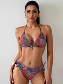 Retro Print Backless Tie Bikini Swimsuit