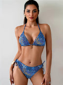 Retro Print Backless Tie Bikini Swimsuit