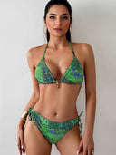 Retro Print Backless Tie Bikini Swimsuit