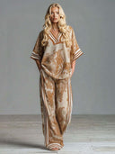 Bohemian Paisley Print Top & Wide-Leg Pants Two-Piece Set