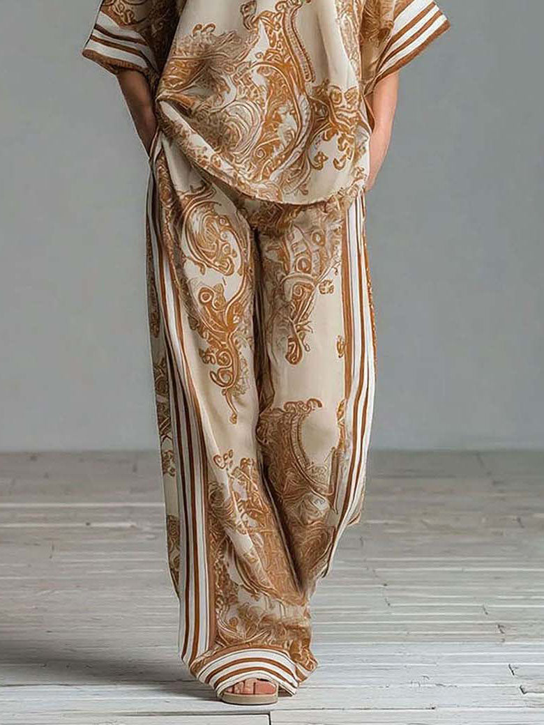 Bohemian Paisley Print Top & Wide-Leg Pants Two-Piece Set