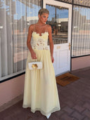 Elegant Yellow Lace Spaghetti Strap Floral Appliqué Maxi Dress