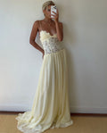 Elegant Yellow Lace Spaghetti Strap Floral Appliqué Maxi Dress