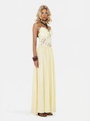 Elegant Yellow Lace Spaghetti Strap Floral Appliqué Maxi Dress