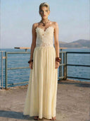 Elegant Yellow Lace Spaghetti Strap Floral Appliqué Maxi Dress