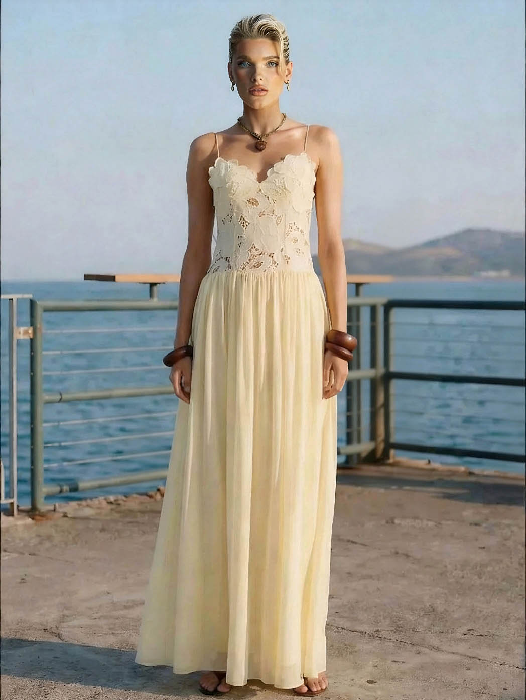 Elegant Yellow Lace Spaghetti Strap Floral Appliqué Maxi Dress