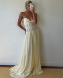Elegant Yellow Lace Spaghetti Strap Floral Appliqué Maxi Dress