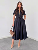 Elegant Tie-Waist Short Sleeve Midi Dress