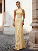 Elegant Yellow Halter Pleated Maxi Dress