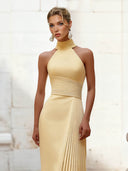 Elegant Yellow Halter Pleated Maxi Dress