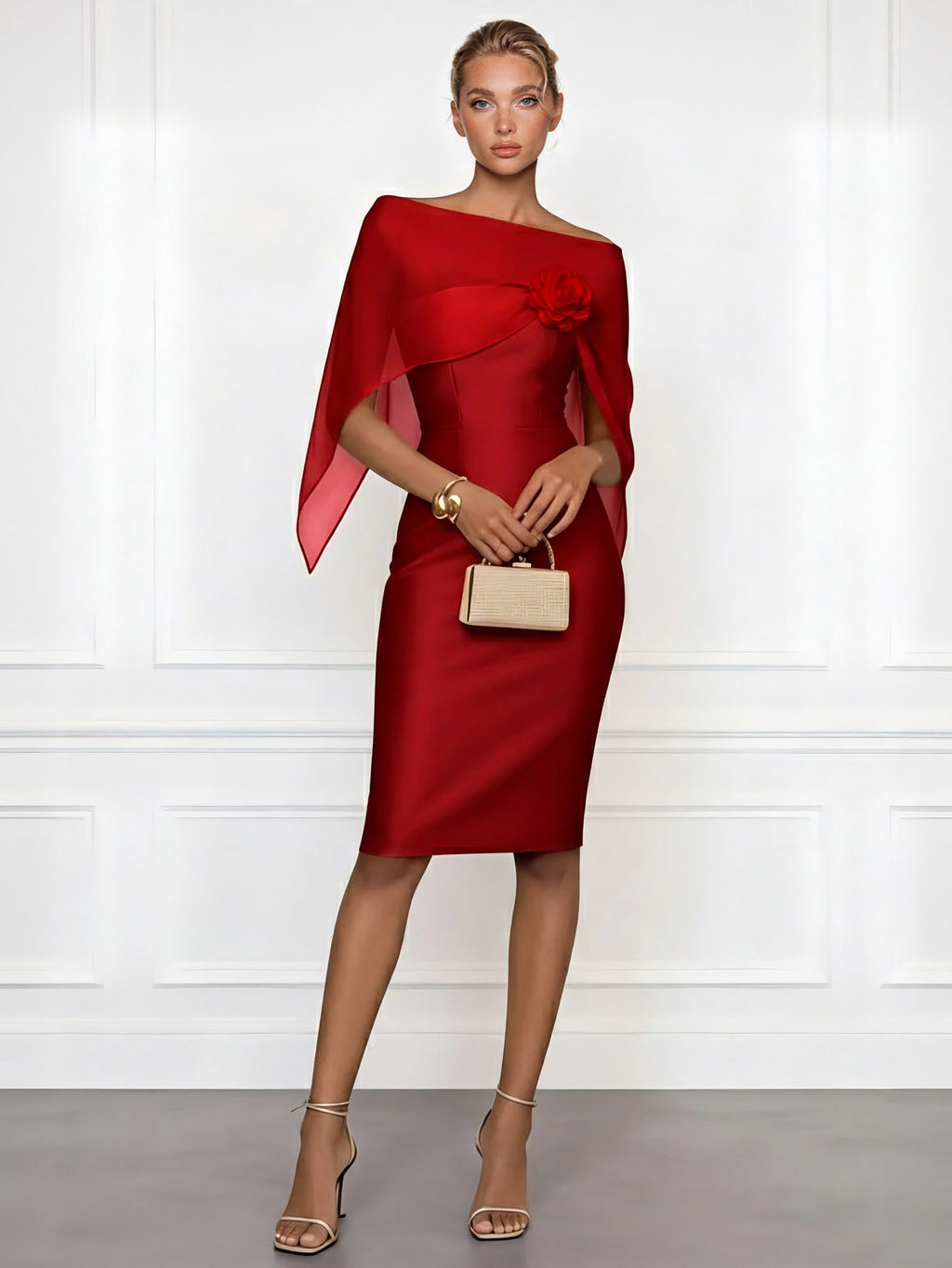 Asymmetrical One-Shoulder Sheer Shawl Satin Midi Dress