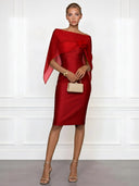Asymmetrical One-Shoulder Sheer Shawl Satin Midi Dress