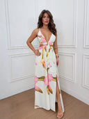 Bohemian White Backless Printed Slit Party Maxi Dress