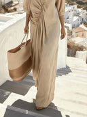 Resort-Style Beige V-Neck Kimono-Sleeve Pleated Maxi Dress