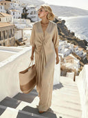 Resort-Style Beige V-Neck Kimono-Sleeve Pleated Maxi Dress