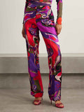 Unique Retro Abstract Print Satin Wide-Leg Pants
