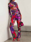 Unique Retro Abstract Print Satin Wide-Leg Pants
