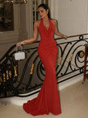 Elegant Halter Neck Ruched Mermaid Maxi Dress