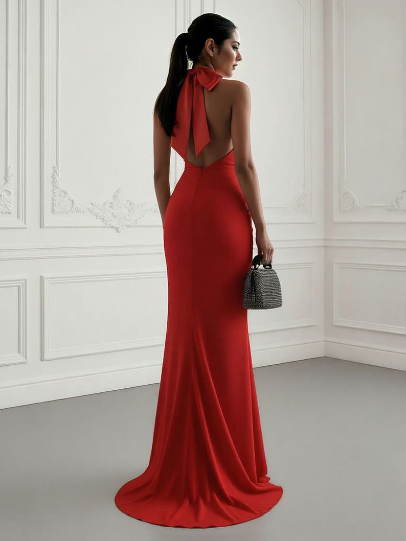 Elegant Halter Neck Ruched Mermaid Maxi Dress