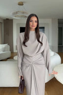 Boat Neck Pleated Slim Fit Maxi Dress