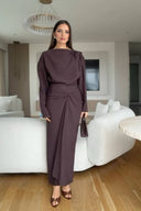 Boat Neck Pleated Slim Fit Maxi Dress